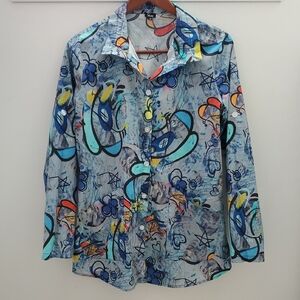 Shana Abstract Art To Wear Collared Button Up Size Medium Cotton Roll Tab Sleeve